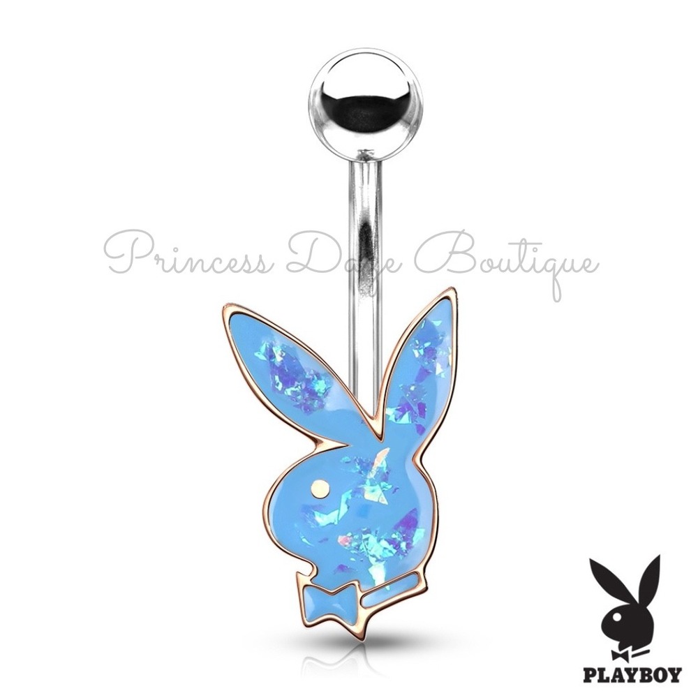 Playboy Bunny Belly Button Ring Rose Gold Blue Opal Navel Piercing